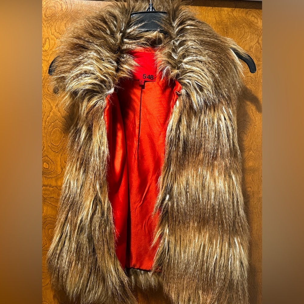 Luxury Brown Faux Fur Vest Orange Satin Lined Cozy Winter Glam Boho - Picture 2 of 9